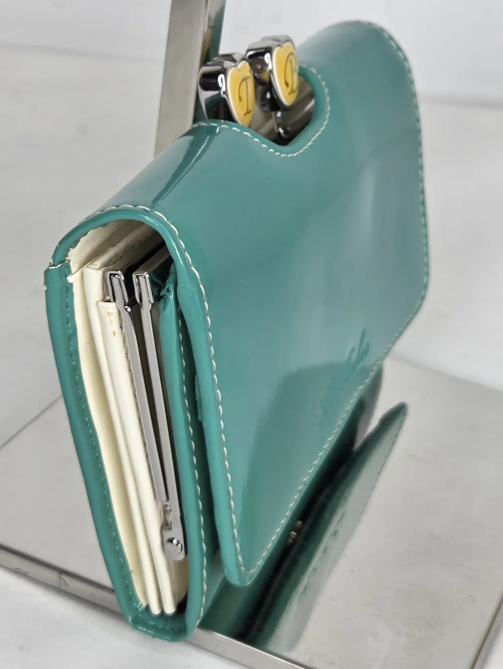Ted Baker Turquoise Patent Leather Zip Wallet withSilver Accents/Floral Interior - Picture 4 of 14
